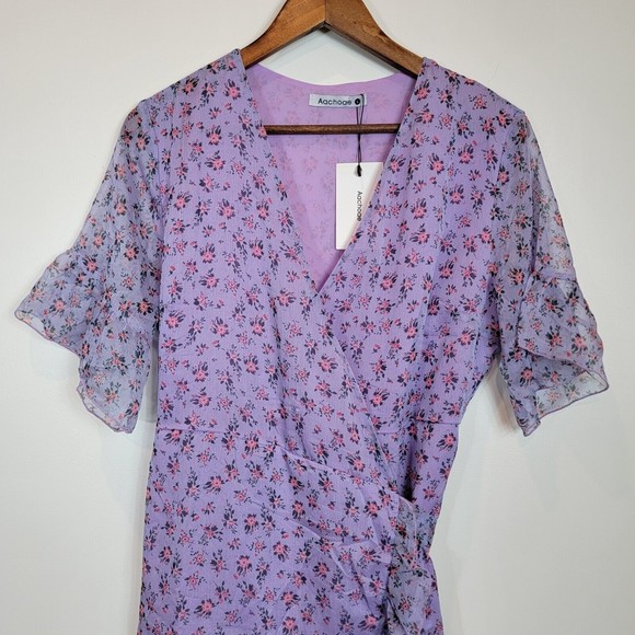 Aachoae Women's Large Purple Floral Pattern Ruffle Trim True Wrap D… - Picture 4 of 9